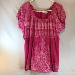 Cato Woman 22/24W Plus Size Pink Boho Peasant Top Smocked Waist Flowy Blouse